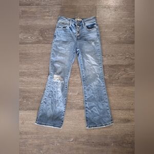 Risen Distressed Light Blue Cropped Flare Jeans with Button-Fly